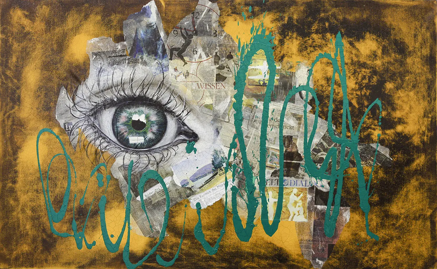 Zwego GmbH – eine Collage aus gemalten Elementen, darunter Augen, ein Gesicht, Figuren und fragmentarischer Text, auf einem strukturierten Hintergrund