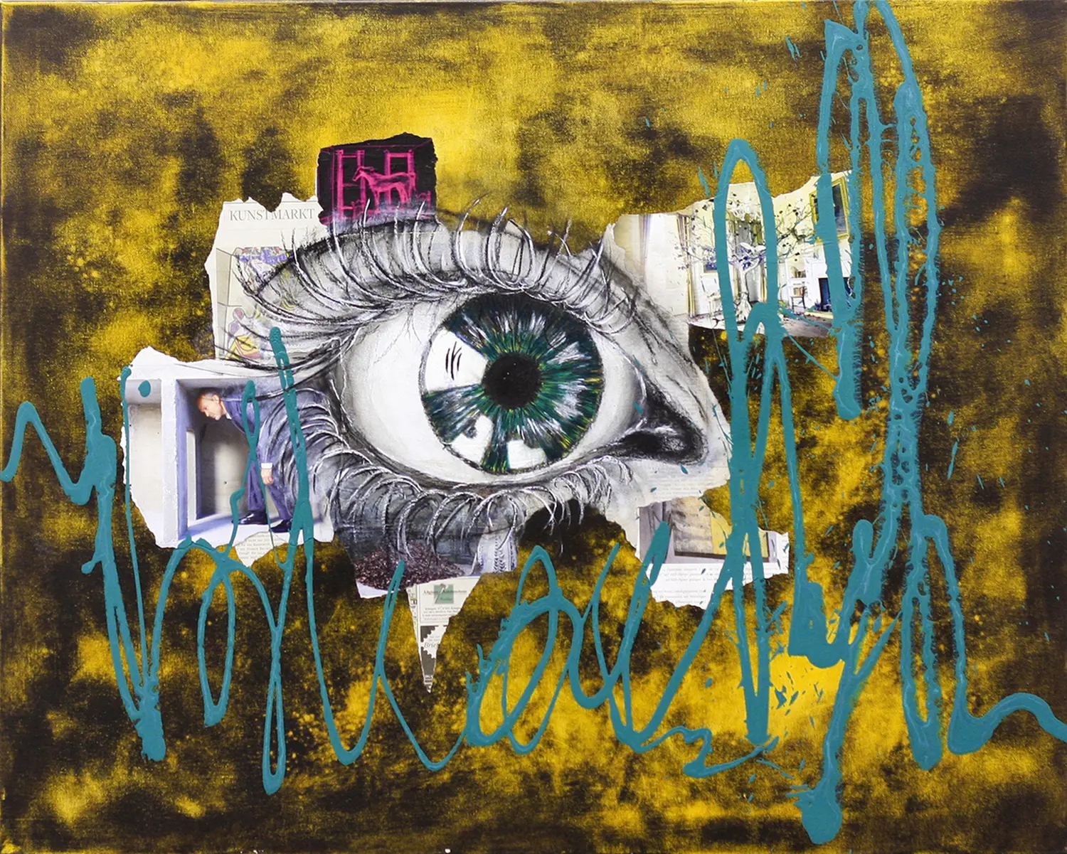 Zwego GmbH – eine Collage aus gemalten Elementen, darunter Augen, ein Gesicht, Figuren und fragmentarischer Text, auf einem strukturierten Hintergrund