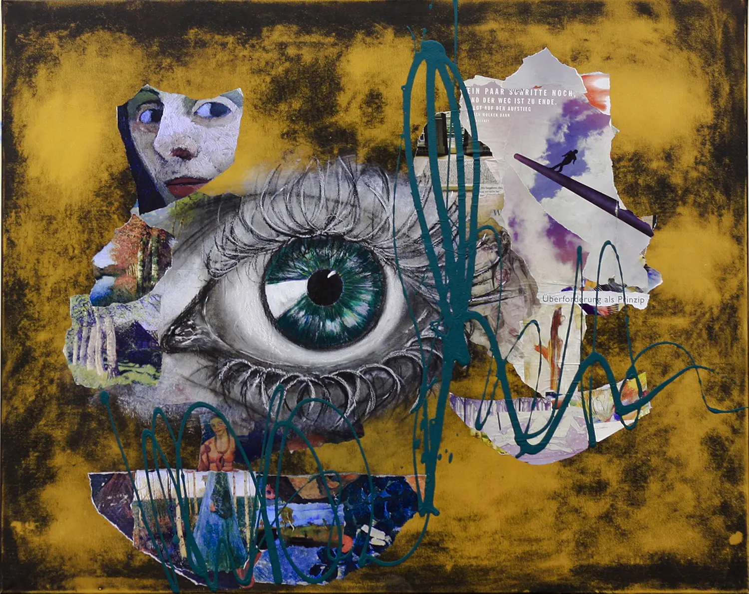 Zwego GmbH – eine Collage aus gemalten Elementen, darunter Augen, ein Gesicht, Figuren und fragmentarischer Text, auf einem strukturierten Hintergrund