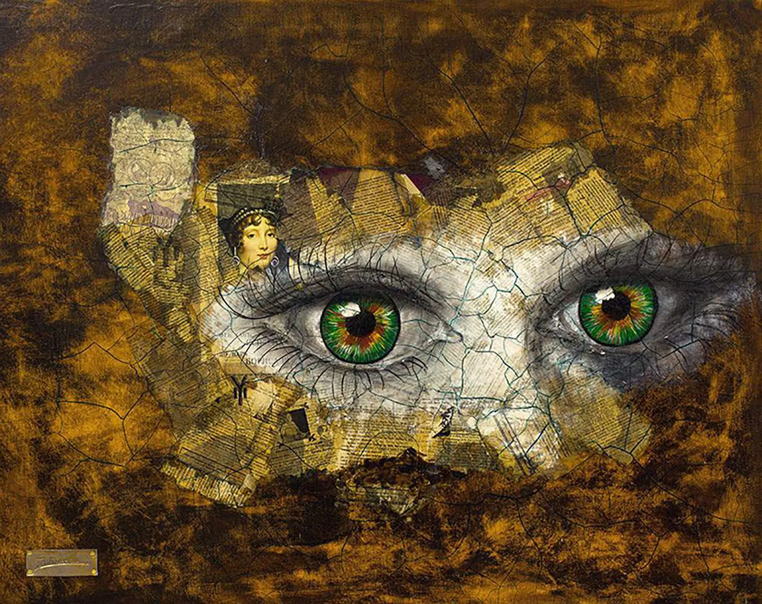 Zwego GmbH – eine Collage aus gemalten Elementen, darunter Augen, ein Gesicht, Figuren und fragmentarischer Text, auf einem strukturierten Hintergrund