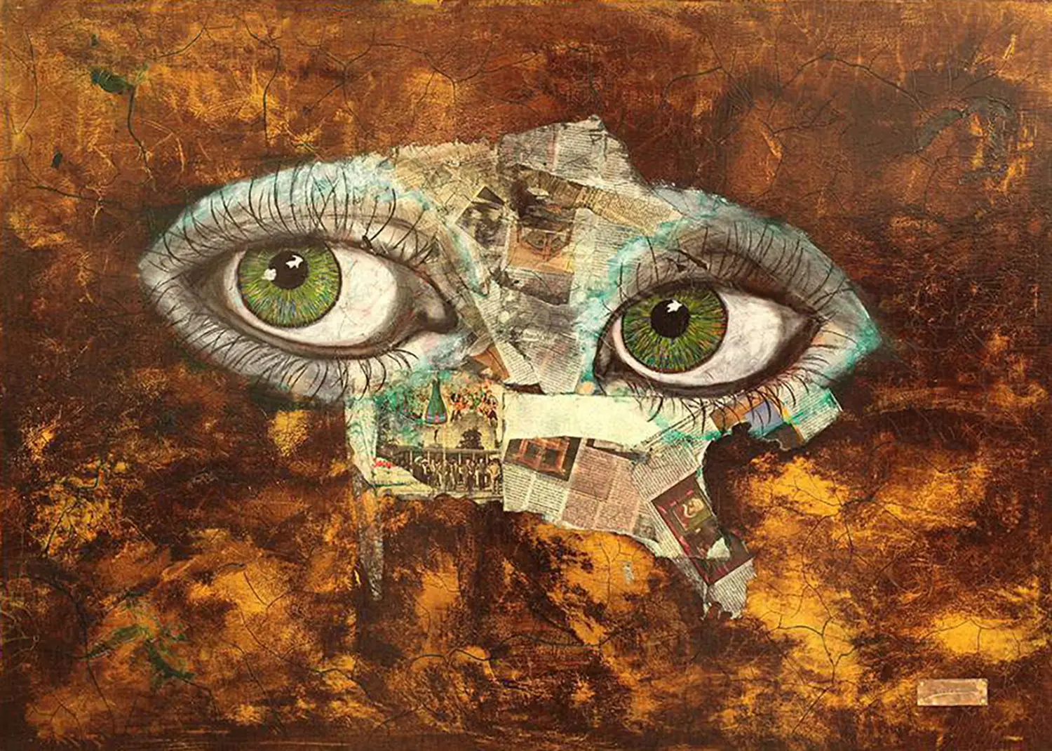 Zwego GmbH – eine Collage aus gemalten Elementen, darunter Augen, ein Gesicht, Figuren und fragmentarischer Text, auf einem strukturierten Hintergrund