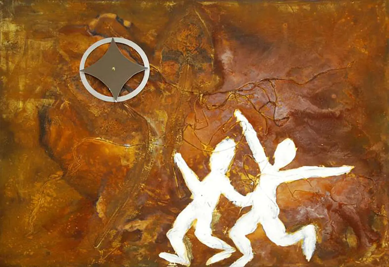 Zwego GmbH – ein abstraktes, figuratives Kunstwerk mit strukturiertem braun-goldenem Hintergrund