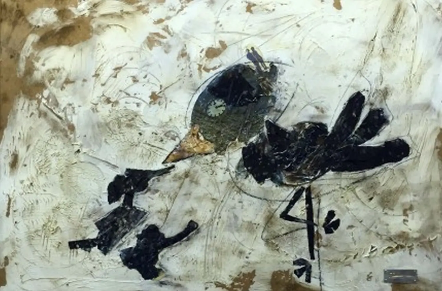 Zwego GmbH - Gemälde mit einer vogelähnlichen Figur mit einem Zifferblatt im Kopf, umgeben von abstrakten Formen und Linien