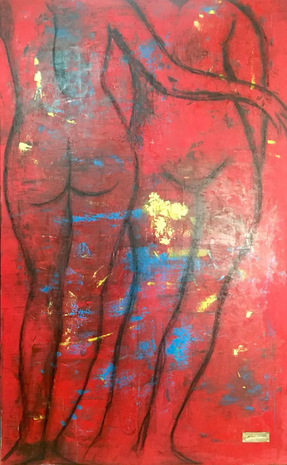 Zwego GmbH – abstrakte Figuren auf einem rot getönten Hintergrund mit einem Hauch von Blau und Gold